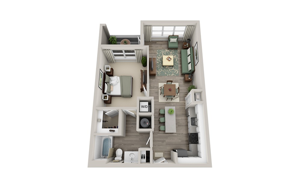 A1A - 1 bedroom floorplan layout with 1 bath and 719 square feet.