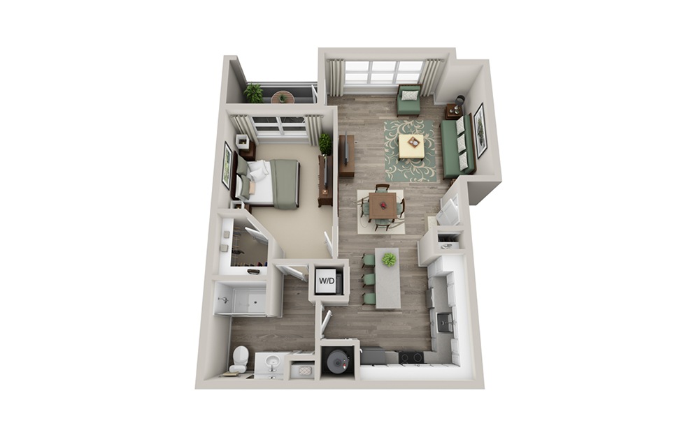 A1D - 1 bedroom floorplan layout with 1 bath and 785 square feet.