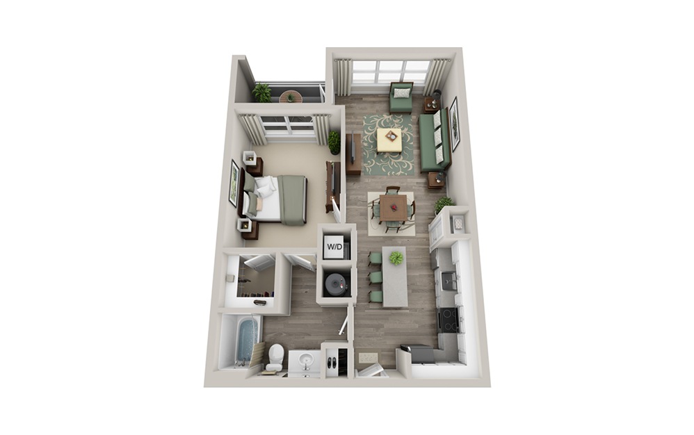 A1B - 1 bedroom floorplan layout with 1 bath and 738 square feet.