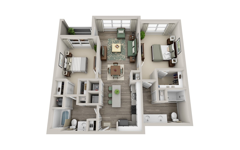 B2B - 2 bedroom floorplan layout with 2 baths and 1099 square feet.