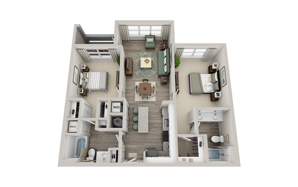 B2A - 2 bedroom floorplan layout with 2 baths and 1064 square feet.