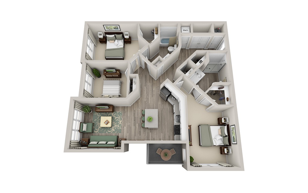 C2A - 3 bedroom floorplan layout with 2 baths and 1405 square feet.