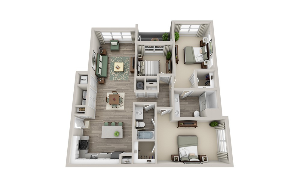 C2B - 3 bedroom floorplan layout with 2 baths and 1430 square feet.