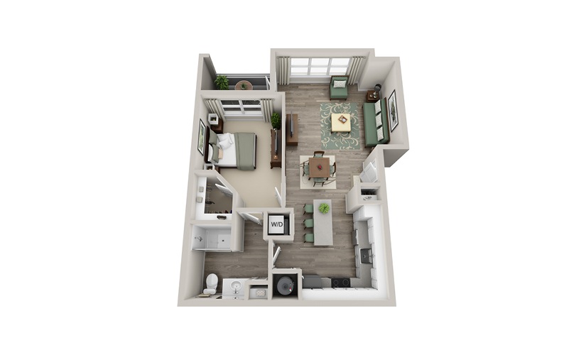 A1D - 1 bedroom floor plan layout with 1 bathroom and 785 square feet