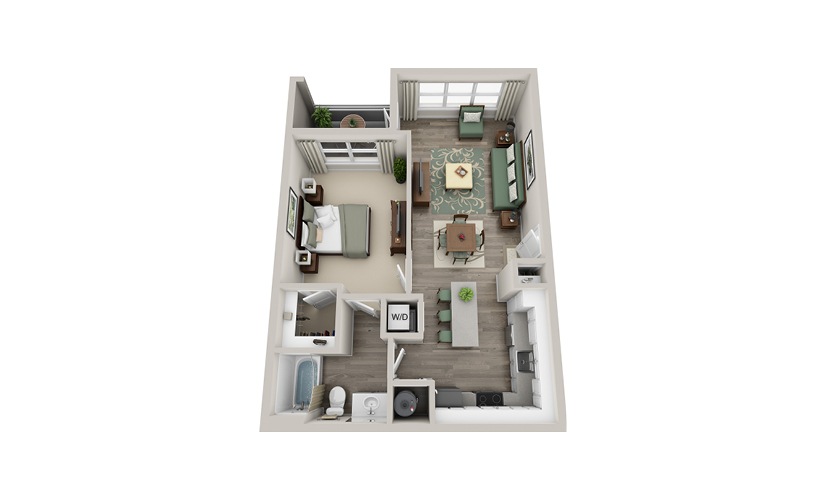 A1C - 1 bedroom floor plan layout with 1 bathroom and 741 square feet