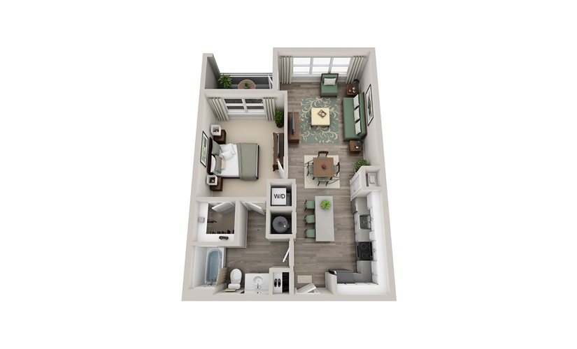 A1B - 1 bedroom floor plan layout with 1 bathroom and 738 square feet