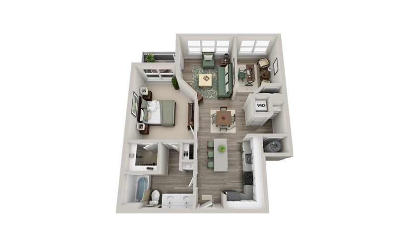 A1E - 1 bedroom floor plan layout with 1 bathroom and 868 square feet