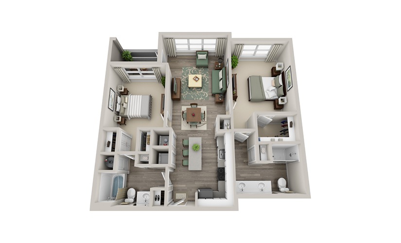 B2B - 2 bedroom floor plan layout with 2 bathrooms and 1099 square feet