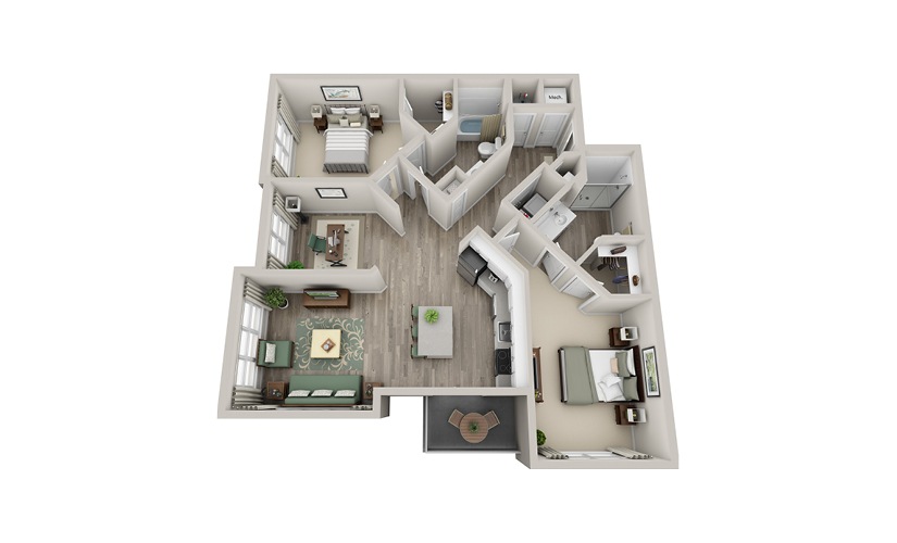 B2C - 2 bedroom floor plan layout with 2 bathrooms and 1256 square feet