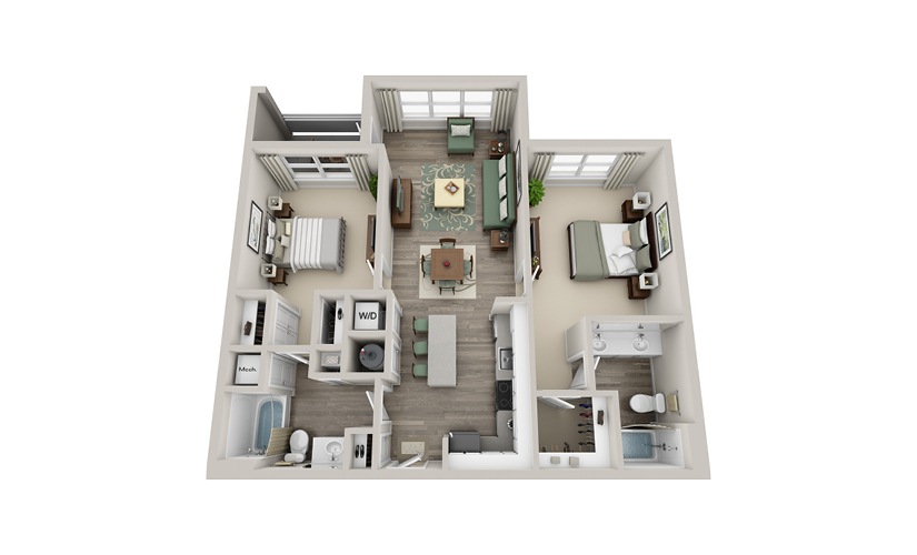 B2A - 2 bedroom floor plan layout with 2 bathrooms and 1064 square feet