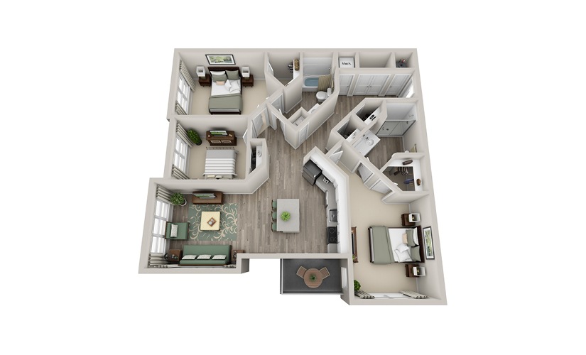 C2A - 3 bedroom floor plan layout with 2 bathrooms and 1405 square feet