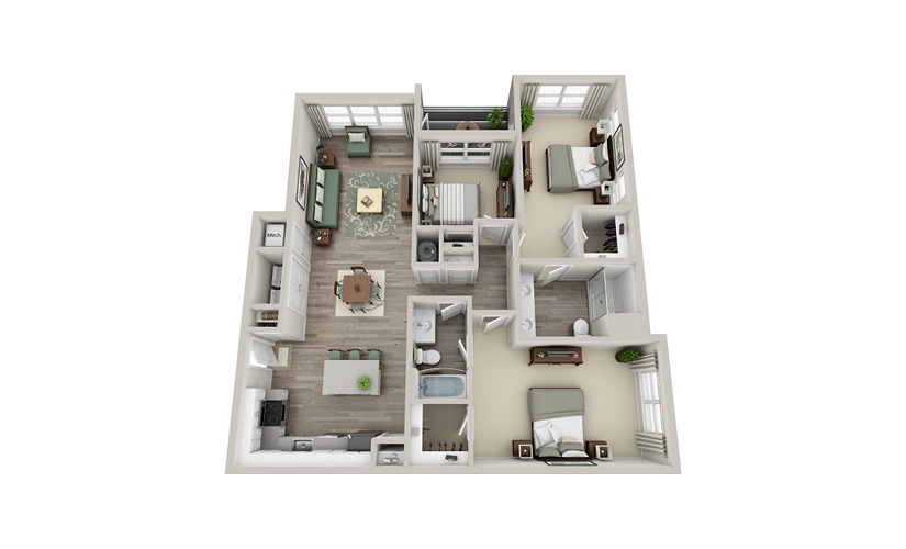 C2B - 3 bedroom floor plan layout with 2 bathrooms and 1430 square feet